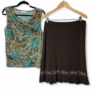 VTG Y2K Teal + Brown 2-Piece Set Paisley Cowl Top + Beaded Midi Skirt Sz L/XL